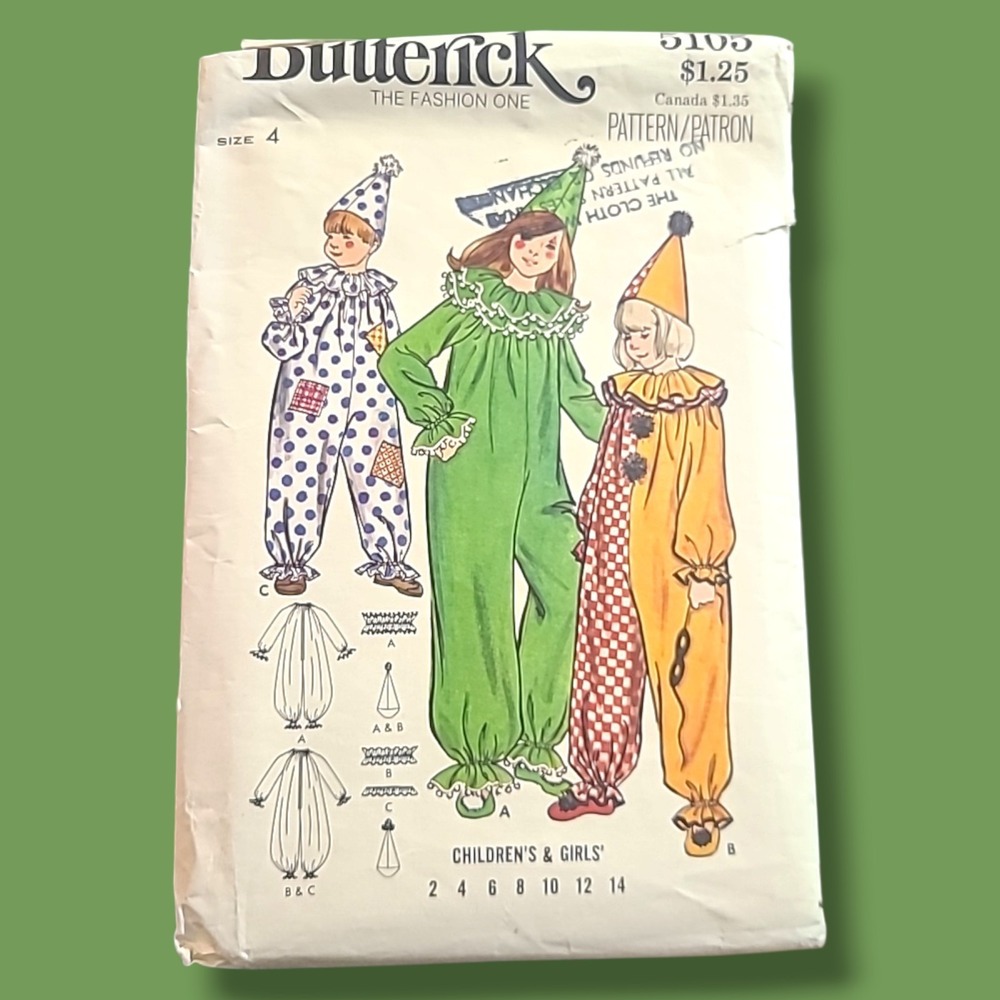 Vintage Butterick 5105 Clown Costume Sewing Pattern‎ Uncut FF Girls Sz 4